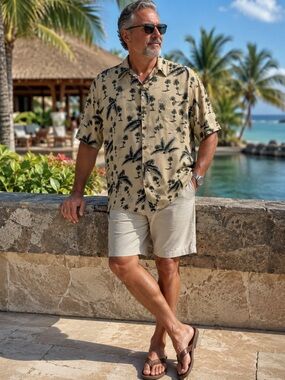 Boca Classics Island Wear 100% Silk Hawaiian Shirt Palm Tree Print XL